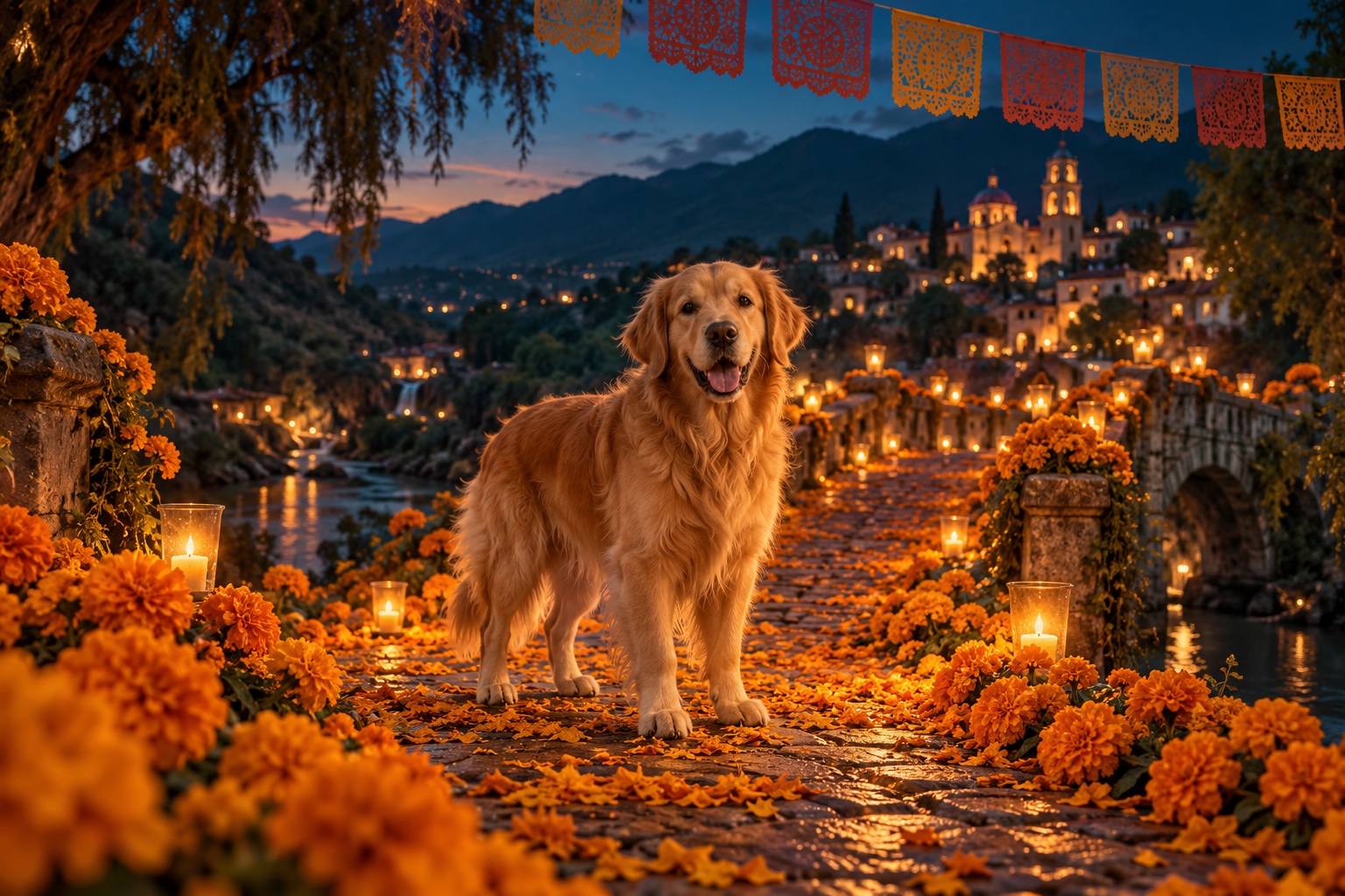 Ilustración de un perro sobre un puente de flores de cempasúchil, entre luces cálidas
